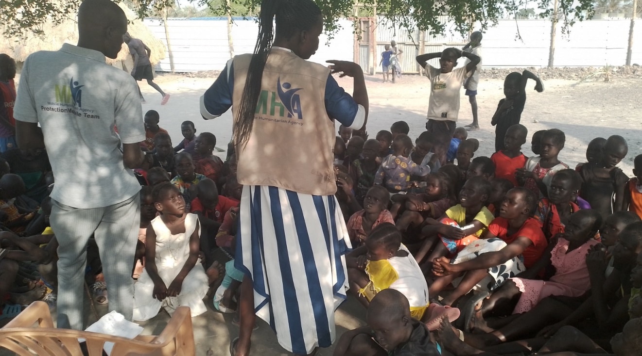 Child protection awareness session with children at the child-friendly space, Leer town, May 2023.